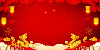对称雕塑金龙云雾龙抬头二月二传统节日红色海报背景
